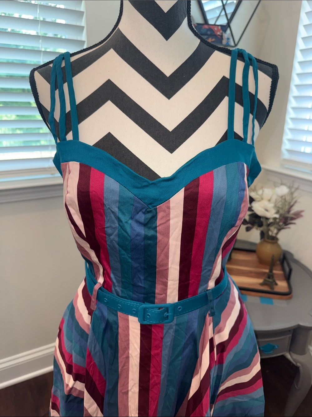 Unique Vintage Collectif Nova Paradise Teal & Pink Stripe Swing Dress - Picture 7 of 14